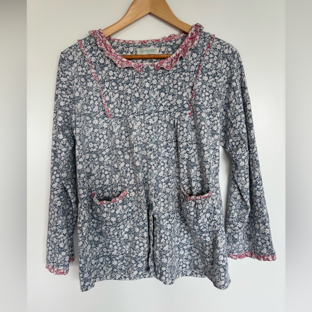 GREENGOOD 18” PTP Floral Long Sleeve Cotton Top w.Pockets, Blue/Pink, Size Large